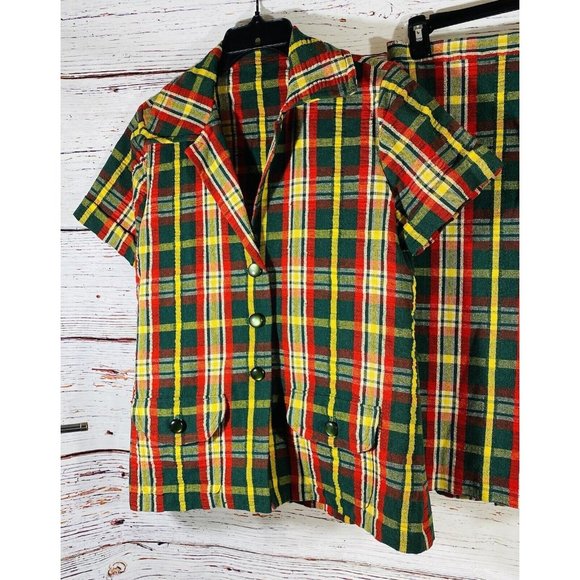 Vintage Plaid Jacket Skirt Set Handmade 1960s or 1970s Retro Green Red Yellow - Picture 2 of 14